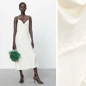 Zara Satin Effect Slip Event Midi Dress Spaghetti Straps In Cream Size L NWT